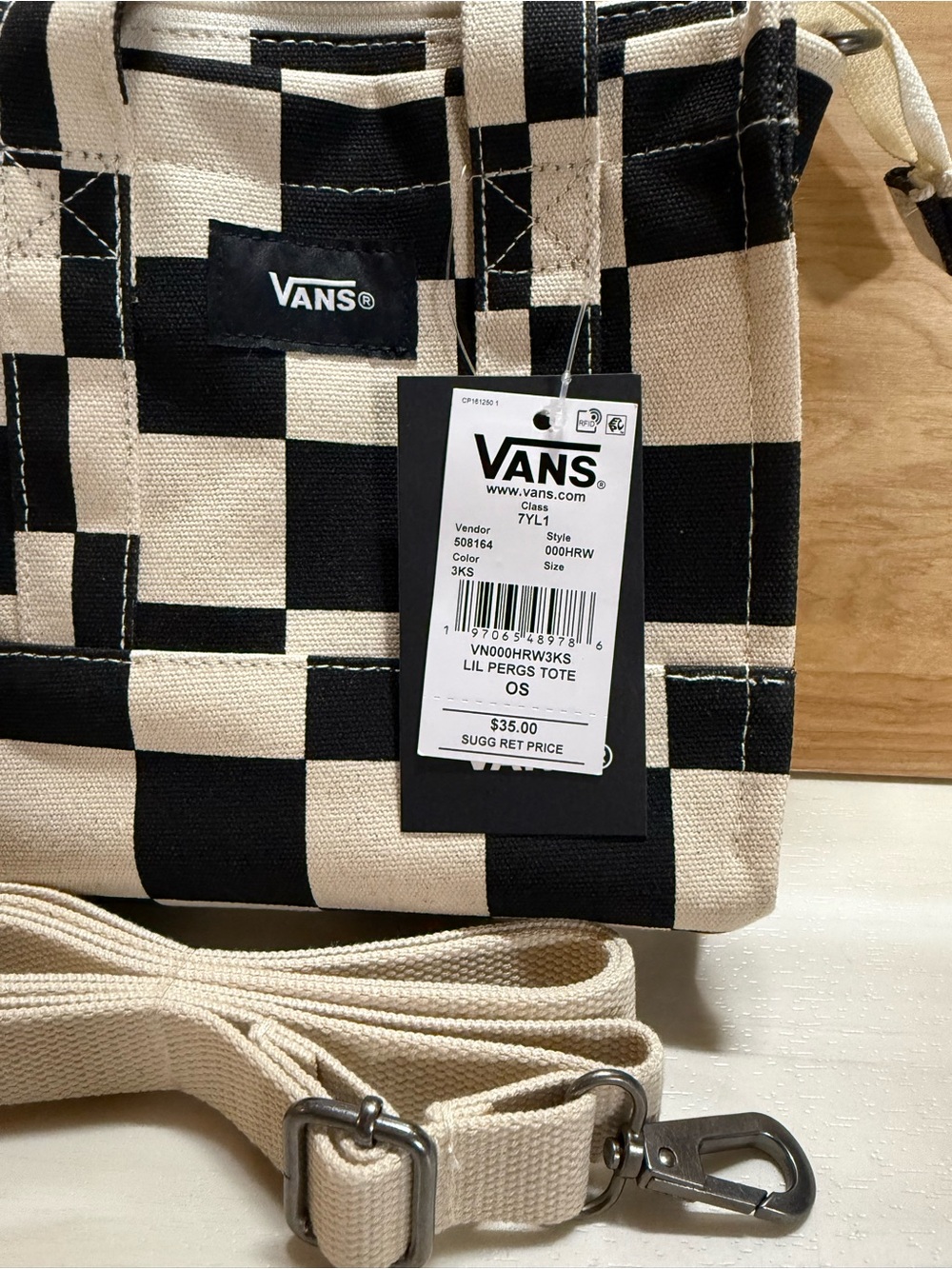 Vans Checkerboard Lil Pergs Tote Bag in Black & Cream checkers - Picture 2 of 3